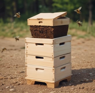 An open beehive with numerous bees crawling over the wooden frames and honeycomb. The frames are arranged vertically, and there is a noticeable amount of honeycomb with a golden yellow color.