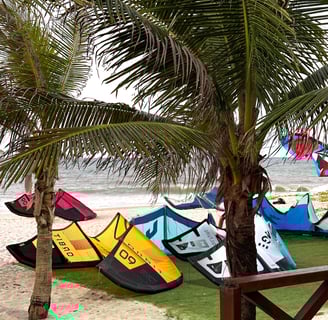 kites no gramado da escola de kitesurf