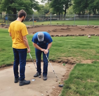 Multiple hands are holding various gardening and plant care products such as soil bags, plant nutrients, a spray bottle, and small bottles with liquids against a plain background with a yellow shopping bag.