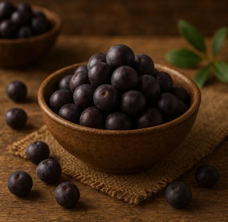 a bowl of plums with a few small açai berries