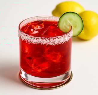 Red beverage with Ice cubes and a slice of cucumber