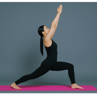 a woman in a black top and leggings and a pink yoga mat