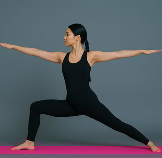 a woman in a black top and black pants and a pink yoga mat