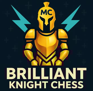 Brilliant Knight Chess with a golden knight and two teal lightning bolts and "MC" on the helmet