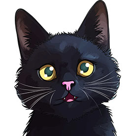 a black cat with yellow eyes and a pink nose