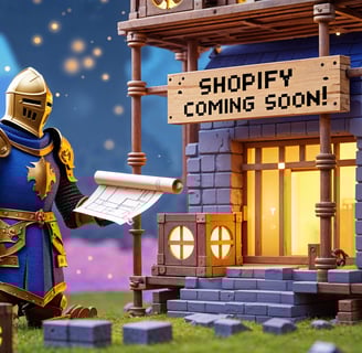 a knight reading blueprints with shop under construction in the background