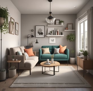 a lsage and coral iving room with a couch and a table