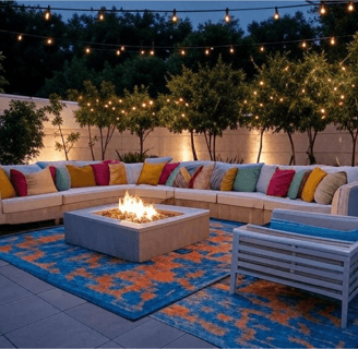 An outdoor patio with string lights, fire pit, rug, and multicolored throw pillows on a patio couch