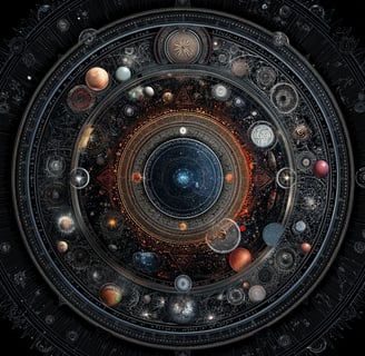 a circular object with a clock and planets