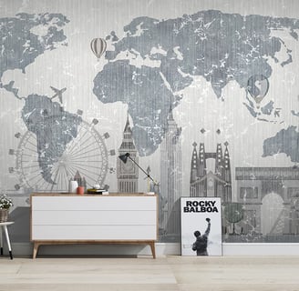 a wall mural of a map of the world