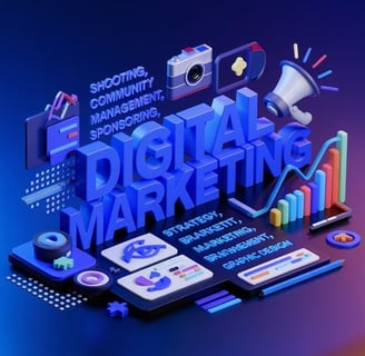 الصورة تُظهر لمحة احترافية من عالم التسويق الرقمي، حيث تتداخل العناصر البصرية مثل الرسوم البيانية، و