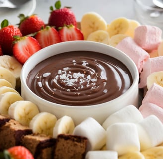 salted caramel and chocolate fondue with strawberries, bananas and marshmallows