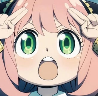 Anya Forger from Spy x Family with surprised expression and green eyes.