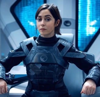 Woman in metallic futuristic armor in high-tech setting from Black Mirror series.