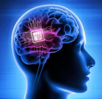Illustration of chip implanted in human brain with illuminated electronic circuits.