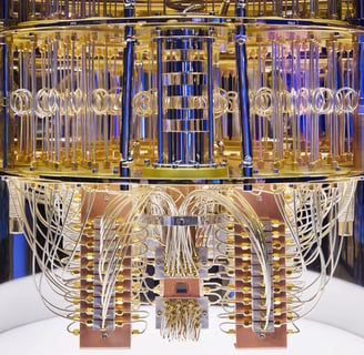 Quantum computer with golden circuits and transparent structures in laboratory setting.