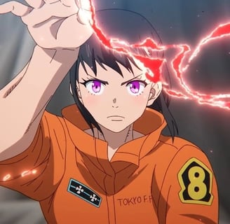 Personagem Fire Force uniforme laranja número 8 controlando chamas vermelhas terceira temporada.