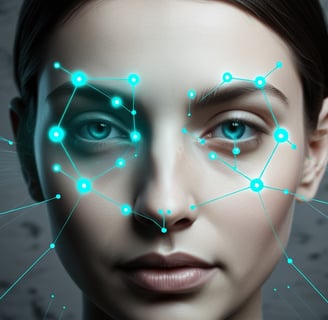 Facial recognition system with mapping points on female face.