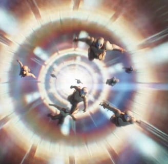 Visual effect of quantum tunnel with characters traversing multidimensional luminous corridor.