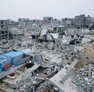 Aerial view of destroyed residential buildings in Gaza following Israeli airstrikes