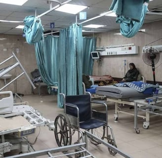 Collapsed hospital equipment and a damaged blood bank in a Gaza due to Israeli bombardment and siege