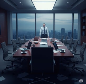 a man in a suit and tie standing in front of a conference table