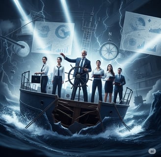 a group of business people standing on a boat in the ocean