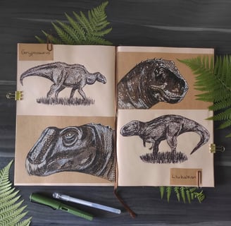Gryposaurus and Llukalkan drawn in ink in a brown-toned sketchbook.