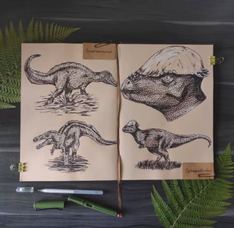 Siamosaurus and Sphaerotholus drawn in ink in a brown-toned sketchbook.