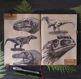 Thanatotheristes and Kileskus drawn in ink in a brown-toned sketchbook.