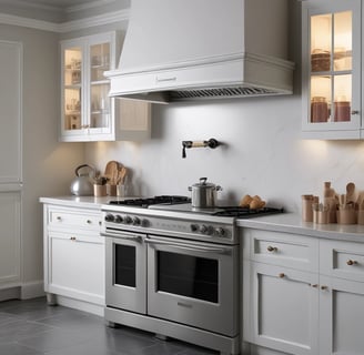 A collection of wooden kitchen utensils and cutting boards displayed in wicker baskets along with large clay pots and circular wooden boards. The items are arranged on top of large tins of cooking oil, next to stacks of folded towels. There is a rustic, organized feel to the setup.