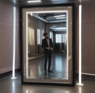 A person holding a camera in front of a mirror, capturing their reflection. The background features a dressing room with lights around the mirror and a closed door on the left.