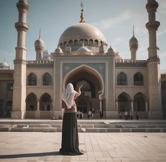 A group of people engaged in a spiritual or meditative practice, sitting in a row with hands raised in prayer or meditation gestures. The setting appears to be outdoors with a natural backdrop and metal fencing. The atmosphere is serene and focused.