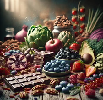 A cinematic and realistic high-quality image of antioxidant-rich foods, including blueberries, dark