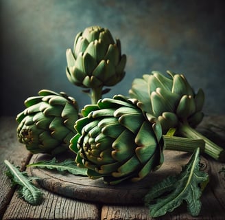 Fresh artichokes resting on a wooden table with dramatic lighting and soft shadows.