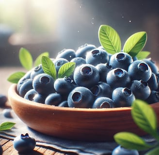 Fresh blueberries in a wooden bowl with soft, natural lighting and a blurred background.