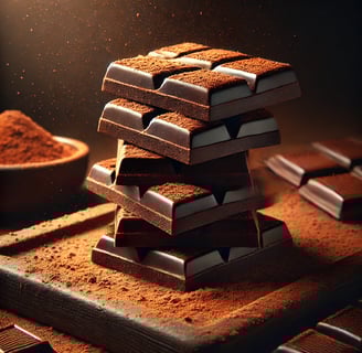 Dark chocolate squares with cocoa powder on a wooden surface, highlighted by warm lighting.