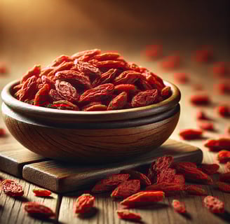 Dried goji berries in a wooden bowl with some spilling onto a table, set against a blurred background.
