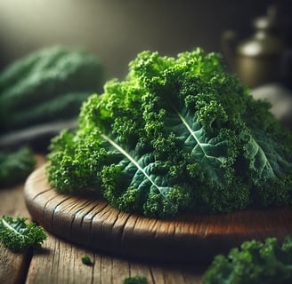 Fresh kale leaves on a wooden cutting board with soft lighting and a blurred background.