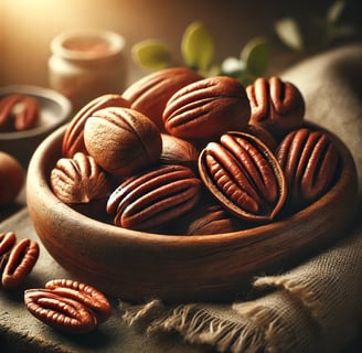 Whole and cracked pecans in a wooden bowl with warm, moody lighting.