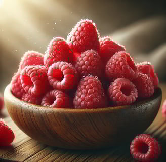 Fresh raspberries in a wooden bowl with dewdrops and a blurred background.
