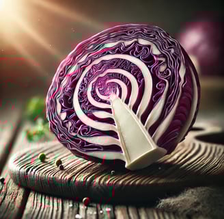 Sliced red cabbage showing its vibrant purple and white layers, set on a rustic wooden table.