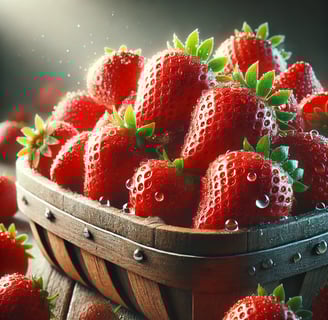 Fresh strawberries in a wooden basket, with a blurred background and natural lighting.