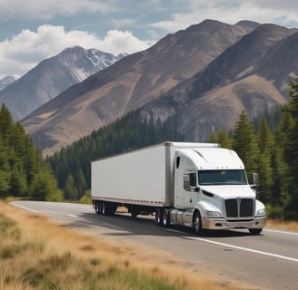 A semi-truck drives along a winding highway bordered by gently sloping, grassy hills under a partly cloudy sky. The road appears to be relatively empty with few other vehicles in sight.