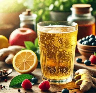 A refreshing glass of golden, fizzy kombucha on a rustic wooden table, surrounded by fresh ingredien