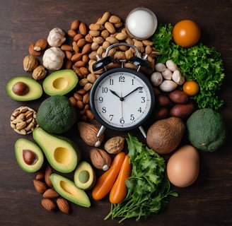Mesa com frutas, verduras, sementes e um relógio
