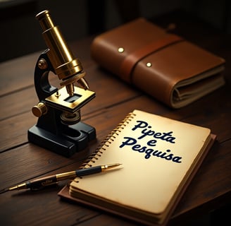 Microscópio dourado simbolo da pipeta e pesquisa, encima da mesa com uma caneta e um caderno
