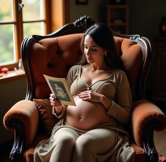 Grávida sentada em uma poltrona, olhando uma foto