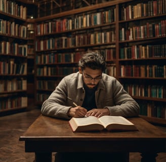 a man sitting at a table with a book and a pen