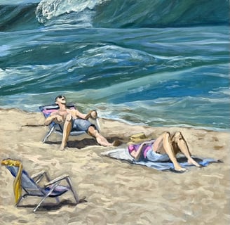 a couple taking a nap on the beach of Cape Cod. oil painting